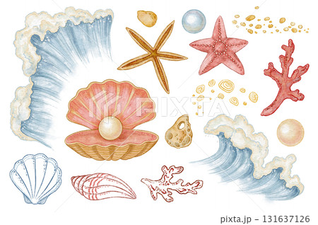 Wave with seashell and starfish set in watercolor and hand drawn colored pencil sketch style. Red coral with sandy stone detail in outline. Great for marine summer print or card and coastal project. 131637126
