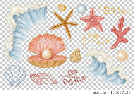 Wave with seashell and starfish set in watercolor and hand drawn colored pencil sketch style. Red coral with sandy stone detail in outline. Great for marine summer print or card and coastal project. 131637126