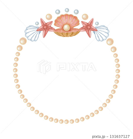 Round wreath of pearl and seashell with clam in watercolor and outline. Hand drawn line art with starfish in colored pencil sketch. Great for wedding invitation. Perfect for nautical card template. Round wreath of pearl and seashell with clam in watercolor and outline. Hand drawn line art with starfish in colored pencil sketch. Great for wedding invitation. Perfect for nautical card template. 131637127