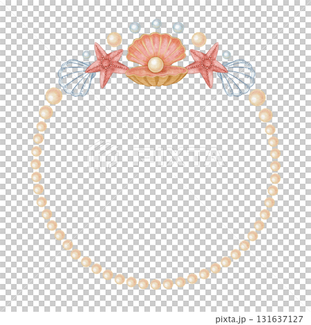 Round wreath of pearl and seashell with clam in watercolor and outline. Hand drawn line art with starfish in colored pencil sketch. Great for wedding invitation. Perfect for nautical card template. Round wreath of pearl and seashell with clam in watercolor and outline. Hand drawn line art with starfish in colored pencil sketch. Great for wedding invitation. Perfect for nautical card template. 131637127