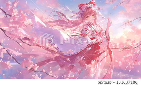 桜舞う春の巫女, 花びらの中のアニメ美少女, 春風に揺れる巫女装束の少女, 桜の花とともに微笑む少女 131637180