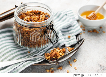 Homemade granola cereal with oats nuts and dried fruits 131637190