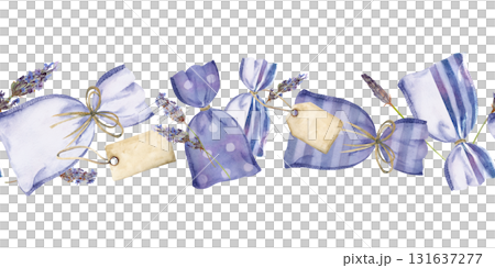 Lavender lavandula flower stalks. Herbal sachet bag assortment with ribbon bows, tags. Isolated seamless banner illustration hand drawn in watercolor. Linens scented wardrobe storage, self-care gifts Lavender lavandula flower stalks. Herbal sachet bag assortment with ribbon bows, tags. Isolated seamless banner illustration hand drawn in watercolor. Linens scented wardrobe storage, self-care gifts 131637277