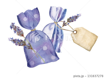 Linen lavender sachet bags with gift tag, lavandula flower stems. Striped and dotted fabric. Isolated illustration hand drawn in watercolor. Bath ritual, vintage spa kit, bridal favors, cozy drawers Linen lavender sachet bags with gift tag, lavandula flower stems. Striped and dotted fabric. Isolated illustration hand drawn in watercolor. Bath ritual, vintage spa kit, bridal favors, cozy drawers 131637278
