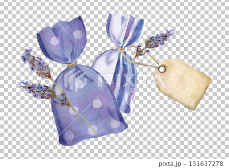 Linen lavender sachet bags with gift tag, lavandula flower stems. Striped and dotted fabric. Isolated illustration hand drawn in watercolor. Bath ritual, vintage spa kit, bridal favors, cozy drawers Linen lavender sachet bags with gift tag, lavandula flower stems. Striped and dotted fabric. Isolated illustration hand drawn in watercolor. Bath ritual, vintage spa kit, bridal favors, cozy drawers 131637278