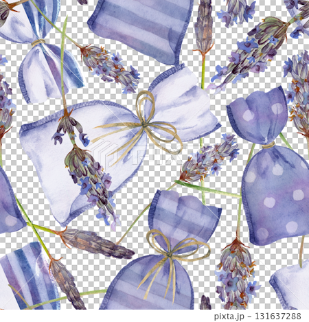 Lavender sachet bags with raffia ribbon bows and rustic textile texture, striped and dotted. Seamless pattern isolated illustration hand drawn in watercolor. Packaging, fabric design, product label Lavender sachet bags with raffia ribbon bows and rustic textile texture, striped and dotted. Seamless pattern isolated illustration hand drawn in watercolor. Packaging, fabric design, product label 131637288