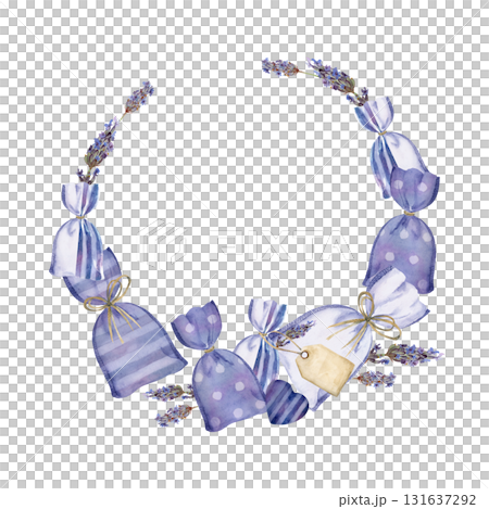Lavender-filled sachet bags tied with ribbon, country-style stripes dots. Isolated wreath frame illustration hand drawn in watercolor. Natural remedy decor, handmade product tags, aromatherapy art. Lavender-filled sachet bags tied with ribbon, country-style stripes dots. Isolated wreath frame illustration hand drawn in watercolor. Natural remedy decor, handmade product tags, aromatherapy art. 131637292