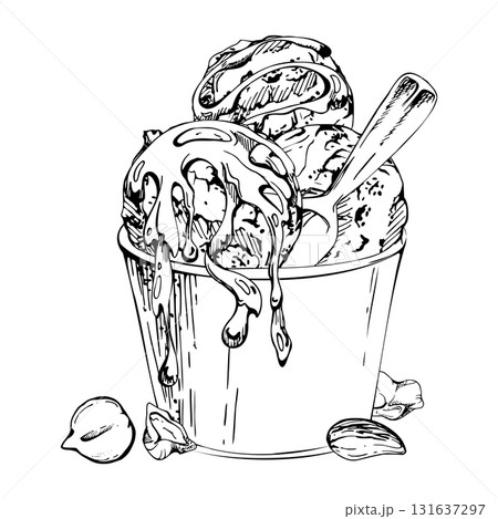 Sorbet gelato served in recyclable paper cup, plastic spoon, chocolate syrup sprinkle, nuts mix. graphic illustration hand drawn in vector ink. Patisserie branding, gourmet packaging, kitchen print Sorbet gelato served in recyclable paper cup, plastic spoon, chocolate syrup sprinkle, nuts mix. graphic illustration hand drawn in vector ink. Patisserie branding, gourmet packaging, kitchen print 131637297