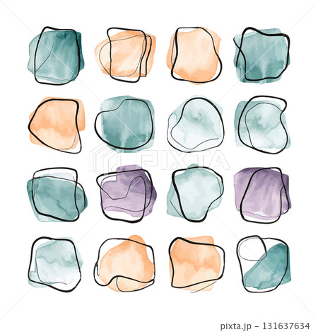 Artistic abstract composition featuring colorful shapes and fluid lines on a white background Artistic abstract composition featuring colorful shapes and fluid lines on a white background 131637634