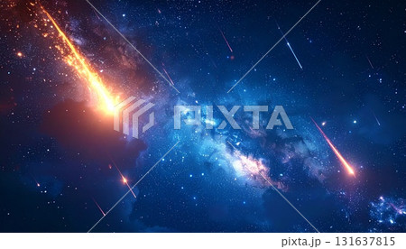 流れ星や流星群が流れる満天の星空や宇宙のイメージ  3DCGイラスト 131637815
