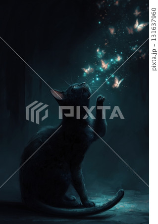 Black Cat and Magical Butterflies 131637960