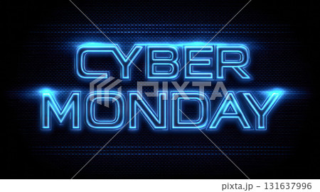Cyber Monday neon sign glowing in blue light against a dark textured background, symbolizing online shopping and digital sales events 131637996