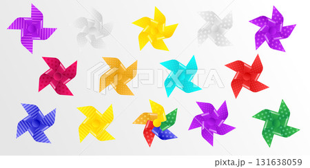 Vector colorful wind pinwheel isolated on white toy spinner paper fan rainbow mill design childhood game playful whirligig concept background summer breeze child symbol flower illustration Vector colorful wind pinwheel isolated on white toy spinner paper fan rainbow mill design childhood game playful whirligig concept background summer breeze child symbol flower illustration 131638059
