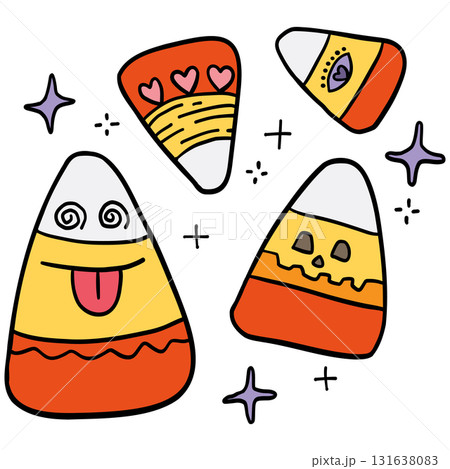 halloween Colorful candy corn with playful designs and decorations. in doodle color line style 131638083