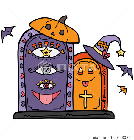 halloween Whimsical Halloween-themed cartoon gravestones. in doodle color line style halloween Whimsical Halloween-themed cartoon gravestones. in doodle color line style 131638085