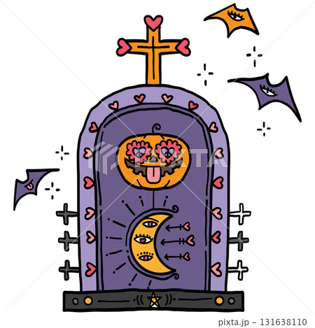 halloween Whimsical Halloween-themed grave marker illustration. in doodle color line style halloween Whimsical Halloween-themed grave marker illustration. in doodle color line style 131638110