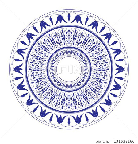 An elegant vector illustration of circular ornament reminiscent of faience or traditional blue and white porcelain. Symmetrical floral motifs in rich blue hue on white background. For decorative plate 131638166