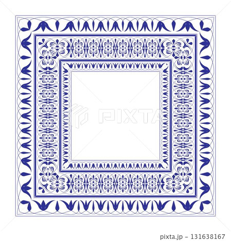 Blue border frame deco simple line corner ornate pattern. Square national ornament frame. Detail and element for design and postcards, Sandblasting, ceramic, patchwork, Borders and frames 131638167