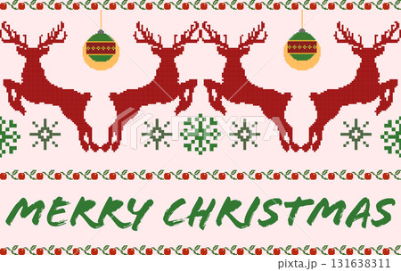 Ugly Christmas Sweater seamless pattern with pixel art reindeer, snowflakes, and ornaments. Festive and funny holiday border for textile, wrapping paper, or background Ugly Christmas Sweater seamless pattern with pixel art reindeer, snowflakes, and ornaments. Festive and funny holiday border for textile, wrapping paper, or background 131638311