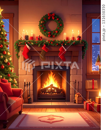 暖炉の暖かい炎とクリスマスのキラメキがほっこりするレトロな室内風景 131638350