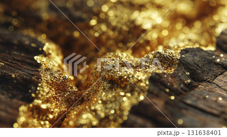 Close-up of gold dust on rough dark wood. AI-generated item 131638401