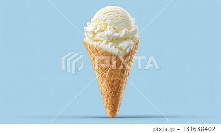 AI-generated item. Vanilla ice cream scoop in a waffle cone on blue background. AI-generated item. Vanilla ice cream scoop in a waffle cone on blue background. 131638402