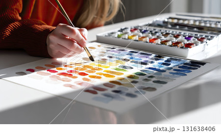 Close-up of a woman painting a watercolor. AI-generated item 131638406