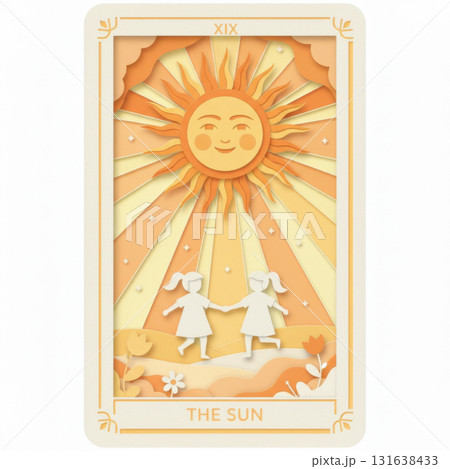 tarot card in paper cut style featuring the sun and two children holding hands. Warm yellow tones radiate joy, hope, and positivity. Ideal for happiness, spiritual energy visuals. Vector illustration tarot card in paper cut style featuring the sun and two children holding hands. Warm yellow tones radiate joy, hope, and positivity. Ideal for happiness, spiritual energy visuals. Vector illustration 131638433