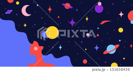 Dream universe flows through woman figure, girl with cosmic night sky in hair. Woman dream vision shines, girl in flat style, universe dream surrounds woman girl cosmos. Vector Illustration 131638439