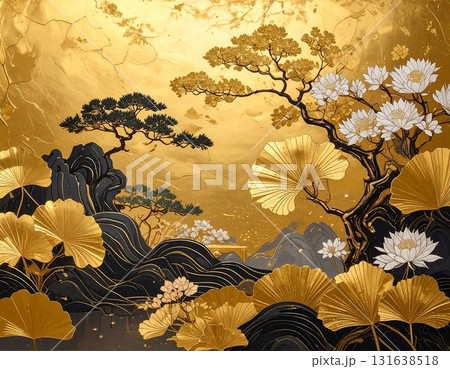 金箔のきらめきと墨の濃淡が織りなす幻想的な和を感じさせる山水図 131638518