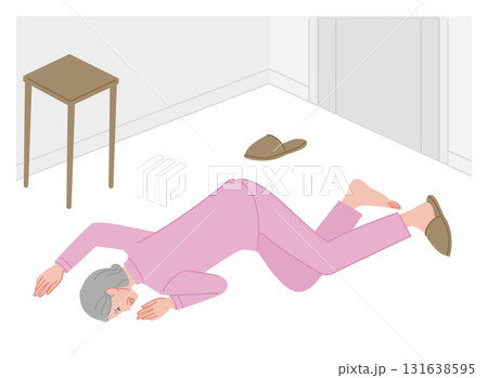 シニア女性が室内で倒れて動けない様子のイラスト 131638595