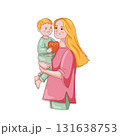Young mother with long hair holds baby in her arms. Child and woman smile at each other. Kid wishes happy Mothers Day. 131638753