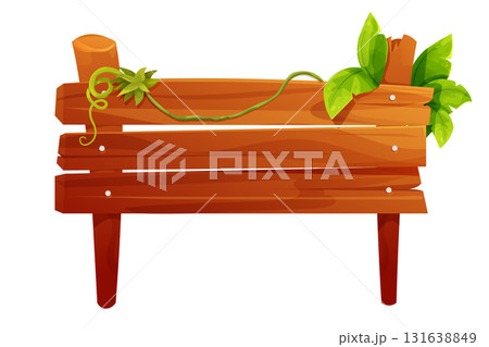 Wooden jungle forest signposts, empty board textured wood plank.Wood plank frame game signpost, farm garden or jungle pointing panel. Set menu ui design. Outdoor empty textured arrow 131638849