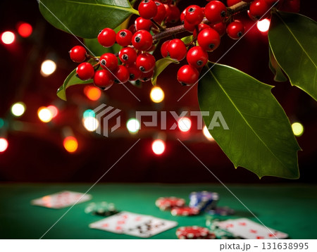 Christmas casino scene with playing cards, poker chips, and holly over green felt table, festive holiday theme Christmas casino scene with playing cards, poker chips, and holly over green felt table, festive holiday theme 131638995