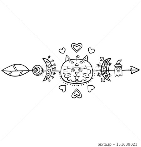 halloween Playful Halloween-themed cat illustration with decorative elements. in doodle line style 131639023