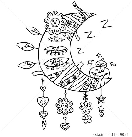halloween Whimsical moon with playful designs and hanging decorations. in doodle line style halloween Whimsical moon with playful designs and hanging decorations. in doodle line style 131639036