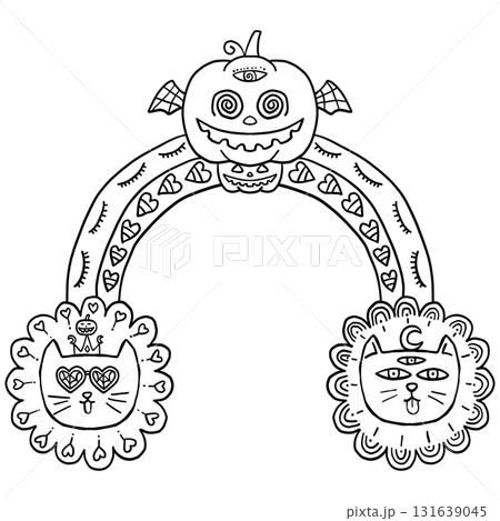 halloween Halloween-themed arch with cats and pumpkin design. in doodle line style halloween Halloween-themed arch with cats and pumpkin design. in doodle line style 131639045