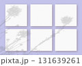 Natural light casts shadows from the wildflowers on 6 square sheets of white paper lying on a violet background. Mockup 131639261