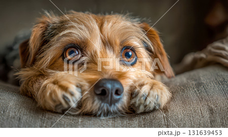 A cute dog with big eyes looking at the sofa in a funny, surprised way A cute dog with big eyes looking at the sofa in a funny, surprised way 131639453