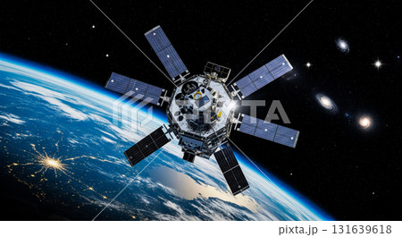 Communication satellite orbiting earth with multiple galaxies in background, representing global network technology for telecommunication data transmission and internet broadband service 131639618