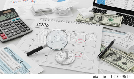 Tax Day Deadline Concept with 2026 year calendar, US dollar bills, calculator, and financial documents for annual tax payment and return filing 131639619