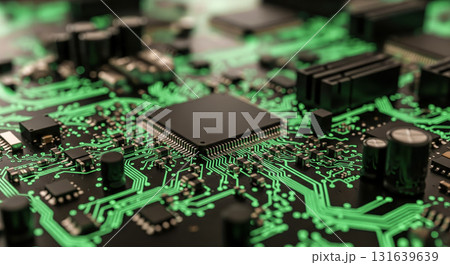 Green circuit board background with glowing tracks and central processor, computer hardware tech concept showing motherboard detail and modern electronics engineering innovation Green circuit board background with glowing tracks and central processor, computer hardware tech concept showing motherboard detail and modern electronics engineering innovation 131639639