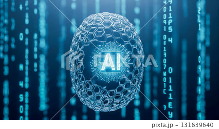 Artificial intelligence core in sphere with network connections, futuristic technology background with digital data stream and blue matrix binary code wallpaper 131639640