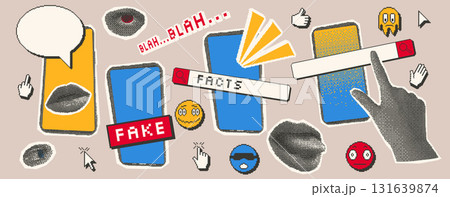 Fake news halftone elements set. Hand, eye, mouth with phones and 8 bits faces. Collage with pixel art and magazine cutouts. Retro icons collection. Vector stickers isolated on beige background Fake news halftone elements set. Hand, eye, mouth with phones and 8 bits faces. Collage with pixel art and magazine cutouts. Retro icons collection. Vector stickers isolated on beige background 131639874