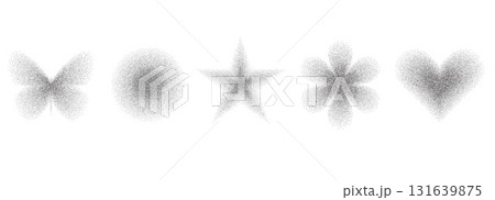 Geometric figures with grain noise gradient. Y2k retro stippling forms shape set. Butterfly, circle, heart and star icons isolated on white background. Vector monochrome black and white illustration 131639875