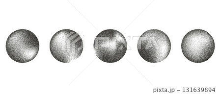 Noise etching circular element set. Grunge abstrract dotwork gradient circles. Black round halftone shapes of dots texture.Balls sand diffuse effect callouts. Vector ink paint spray orbs icons 131639894