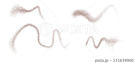 Coffee or chocolate powder lines. Noise gradients fly stroke shapes set. Grainy texture splash wavy long elements. Splash dotwork seed forms. Vector gritty wavy lines. Grunge food figures 131639900