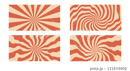 Groovy swirl red starburst horizontal backgrounds set. Retro hypnosis spiral sun rays abstract illustrations collection. Vector wavy carnival decoration. Radial stripes vintage backdrops 131639908