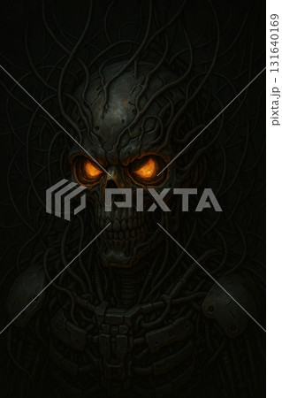 Cybernetic Skull with Glowing Eyes and Wires 131640169
