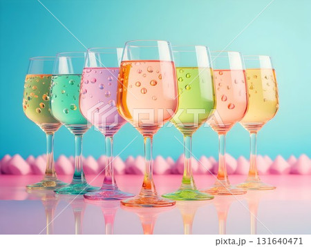 Elegant wine glasses reflecting rainbow hues, liquid-filled vessels gleaming with colorful light, creating a dreamy and surreal atmosphere and visual fluorescent effect 131640471